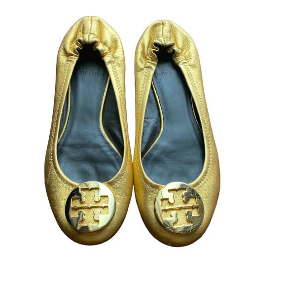 Tory Burch Reva Gold Leather Ballet Flats Women’s Shoes Logo Medallion 7.5 - Picture 6 of 12